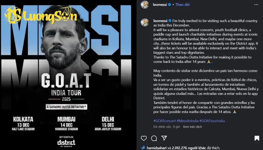 Messi xác nhận sẽ có chuyến du đấu tại Ấn Độ vào tháng 12 Messi xác nhận sẽ có chuyến du đấu tại Ấn Độ vào tháng 12